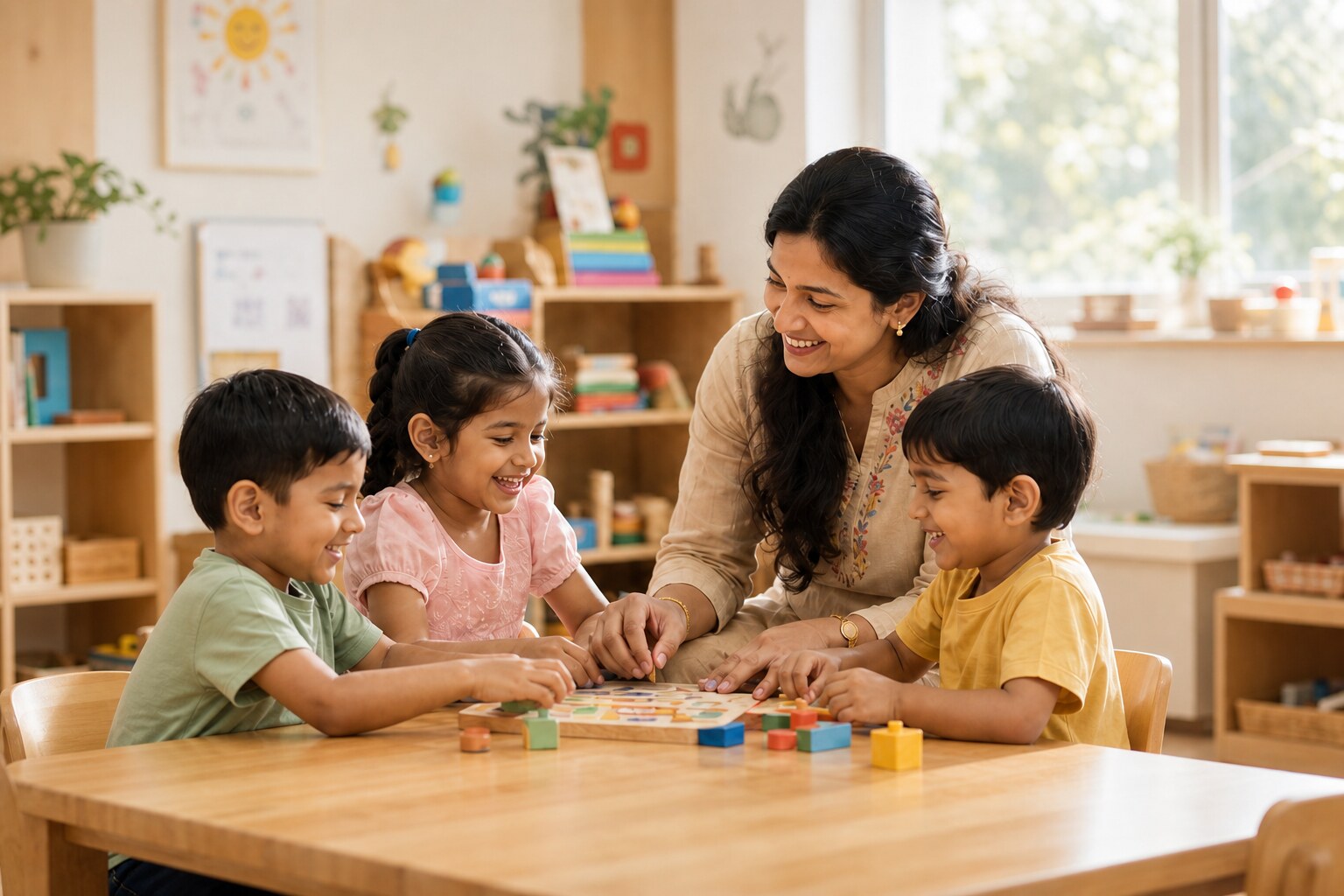 Preschool educator and three children learning together with a wooden puzzle